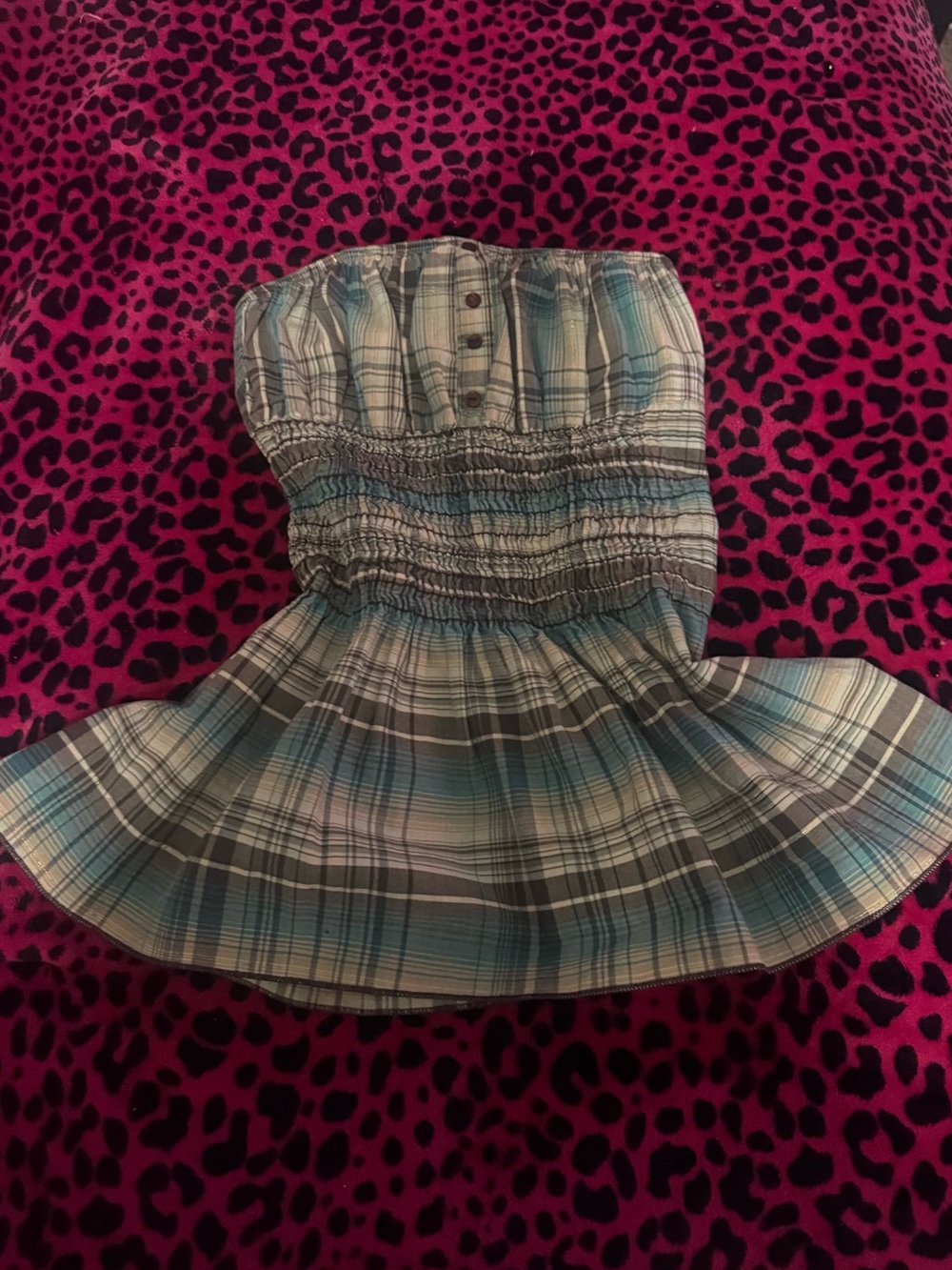 Wet Seal Blue Plaid Smocked Strapless Crop Top